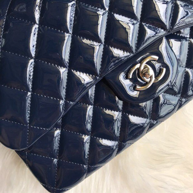 Chanel Classic Double Flap Bag 30cm Silver Hardware Patent Lambskin Leather Spring Summer Act 2 2018 Collection Navy Blue