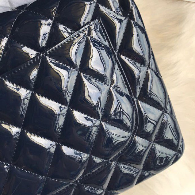 Chanel Classic Double Flap Bag 30cm Silver Hardware Patent Lambskin Leather Spring Summer Act 2 2018 Collection Navy Blue