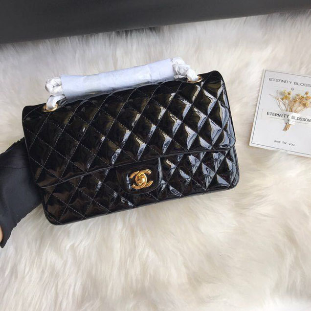 Chanel Classic Double Flap Bag 25cm Gold Hardware Patent Lambskin Leather Spring Summer Act 2 2018 Collection Black