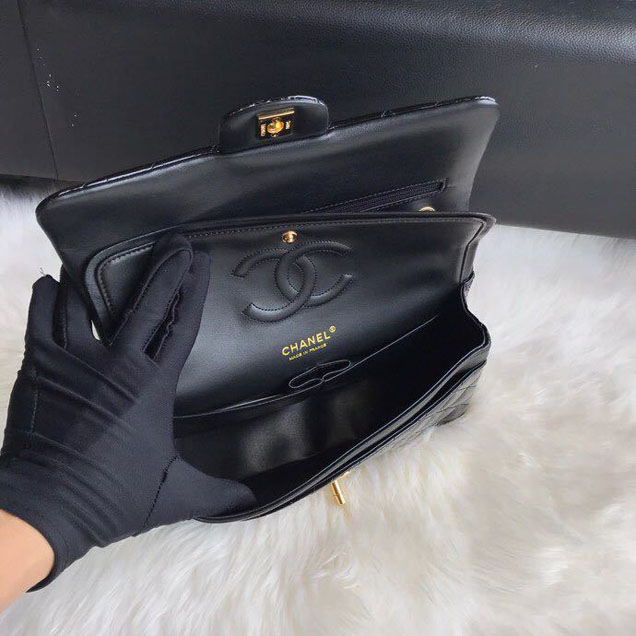 Chanel Classic Double Flap Bag 25cm Gold Hardware Patent Lambskin Leather Spring Summer Act 2 2018 Collection Black