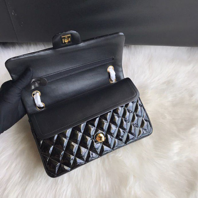 Chanel Classic Double Flap Bag 25cm Gold Hardware Patent Lambskin Leather Spring Summer Act 2 2018 Collection Black