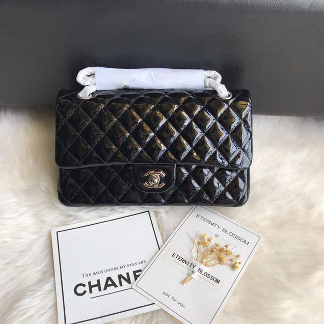 Chanel Classic Double Flap Bag 25cm Silver Hardware Patent Lambskin Leather Spring Summer Act 2 2018 Collection Black