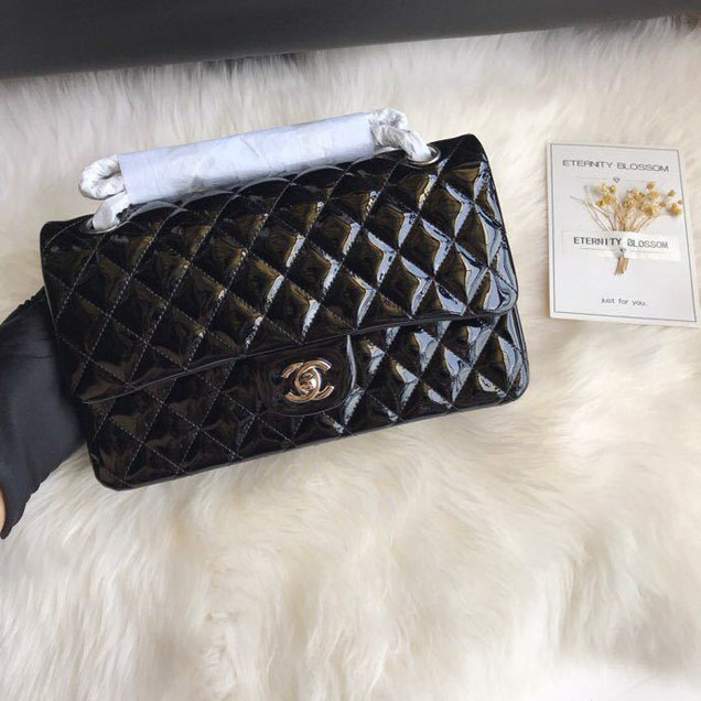 Chanel Classic Double Flap Bag 25cm Silver Hardware Patent Lambskin Leather Spring Summer Act 2 2018 Collection Black
