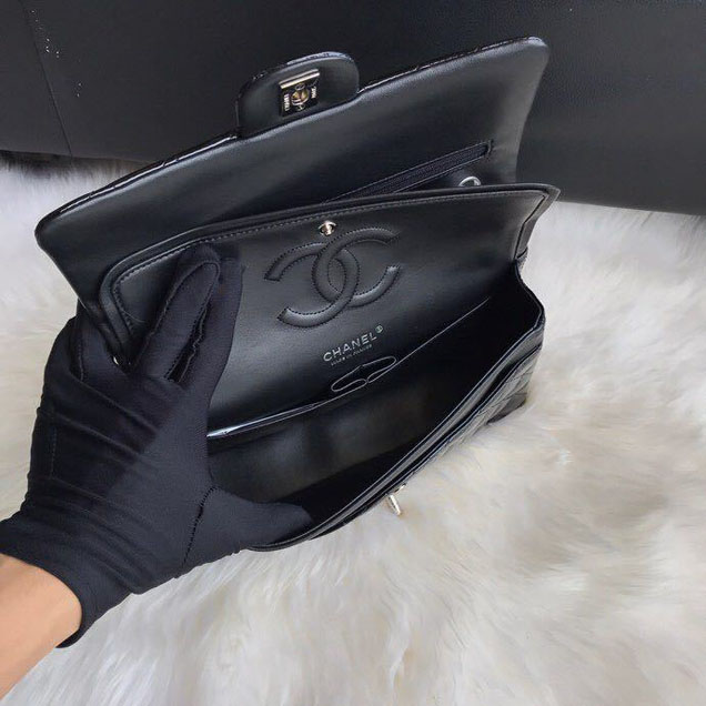 Chanel Classic Double Flap Bag 25cm Silver Hardware Patent Lambskin Leather Spring Summer Act 2 2018 Collection Black