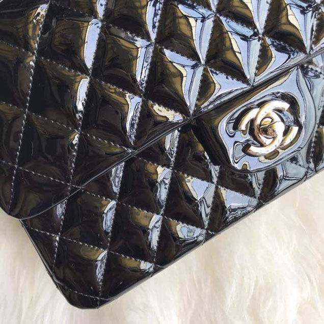 Chanel Classic Double Flap Bag 25cm Silver Hardware Patent Lambskin Leather Spring Summer Act 2 2018 Collection Black