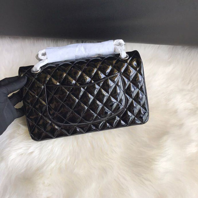 Chanel Classic Double Flap Bag 25cm Silver Hardware Patent Lambskin Leather Spring Summer Act 2 2018 Collection Black