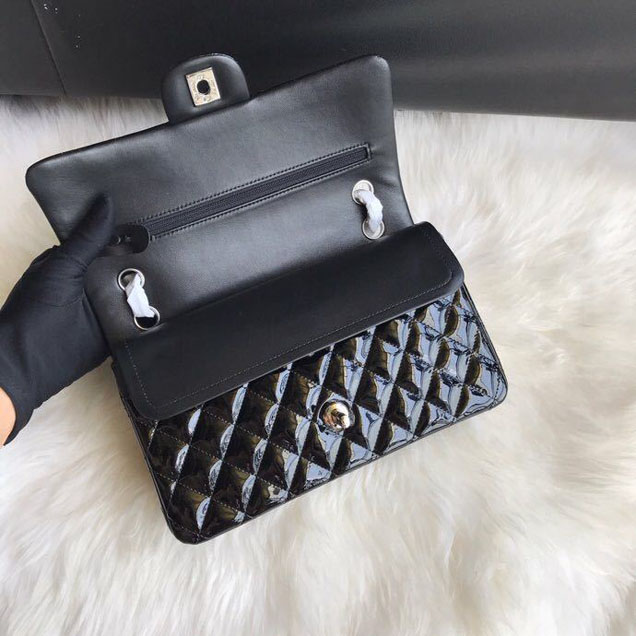 Chanel Classic Double Flap Bag 25cm Silver Hardware Patent Lambskin Leather Spring Summer Act 2 2018 Collection Black