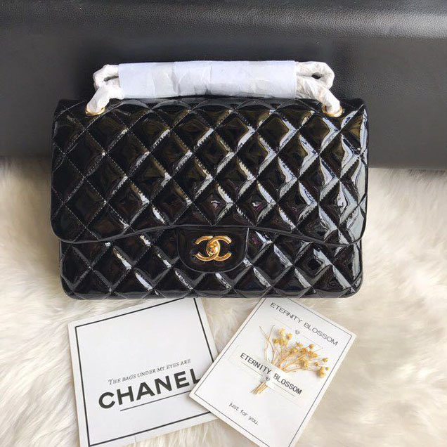 Chanel Classic Double Flap Bag 30cm Gold Hardware Patent Lambskin Leather Spring Summer Act 2 2018 Collection Black