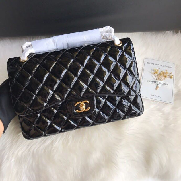 Chanel Classic Double Flap Bag 30cm Gold Hardware Patent Lambskin Leather Spring Summer Act 2 2018 Collection Black