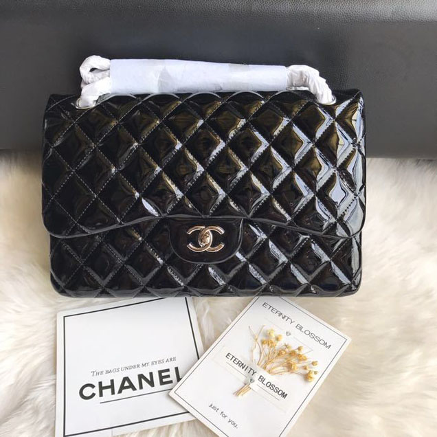 Chanel Classic Double Flap Bag 30cm Silver Hardware Patent Lambskin Leather Spring Summer Act 2 2018 Collection Black