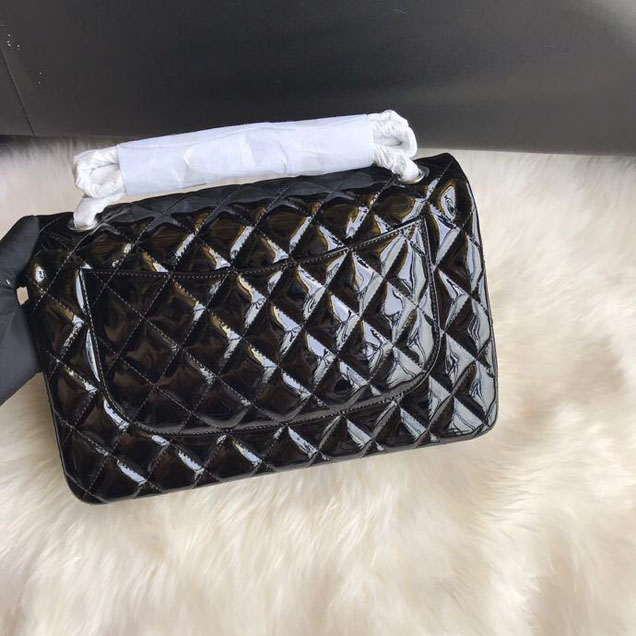Chanel Classic Double Flap Bag 30cm Silver Hardware Patent Lambskin Leather Spring Summer Act 2 2018 Collection Black