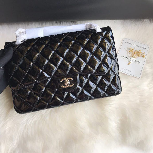 Chanel Classic Double Flap Bag 30cm Silver Hardware Patent Lambskin Leather Spring Summer Act 2 2018 Collection Black