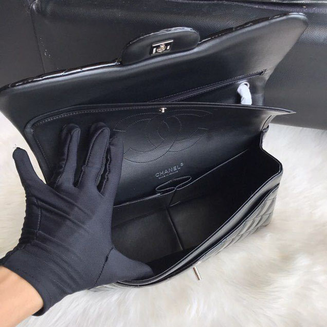 Chanel Classic Double Flap Bag 30cm Silver Hardware Patent Lambskin Leather Spring Summer Act 2 2018 Collection Black