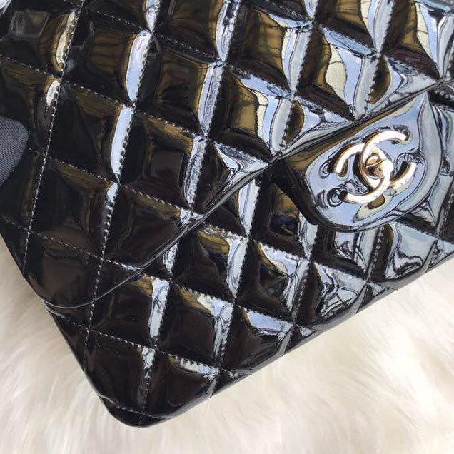 Chanel Classic Double Flap Bag 30cm Silver Hardware Patent Lambskin Leather Spring Summer Act 2 2018 Collection Black
