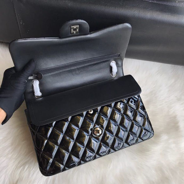 Chanel Classic Double Flap Bag 30cm Silver Hardware Patent Lambskin Leather Spring Summer Act 2 2018 Collection Black