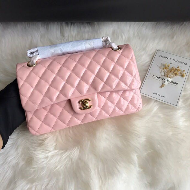 Chanel Classic Double Flap Bag 25cm Gold Hardware Patent Lambskin Leather Spring Summer Act 2 2018 Collection Pink