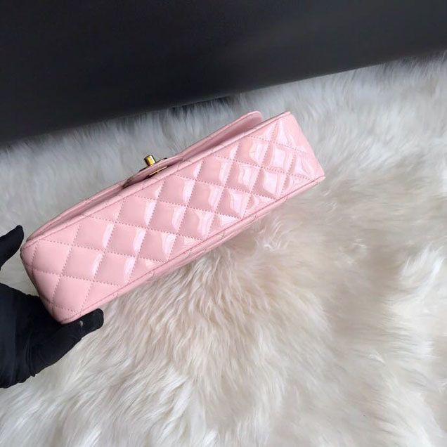 Chanel Classic Double Flap Bag 25cm Gold Hardware Patent Lambskin Leather Spring Summer Act 2 2018 Collection Pink