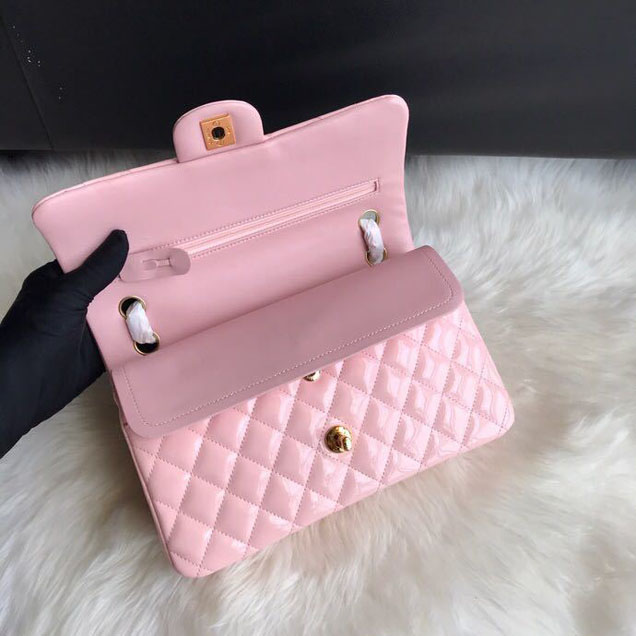 Chanel Classic Double Flap Bag 25cm Gold Hardware Patent Lambskin Leather Spring Summer Act 2 2018 Collection Pink