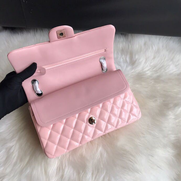 Chanel Classic Double Flap Bag 25cm Silver Hardware Patent Lambskin Leather Spring Summer Act 2 2018 Collection Pink