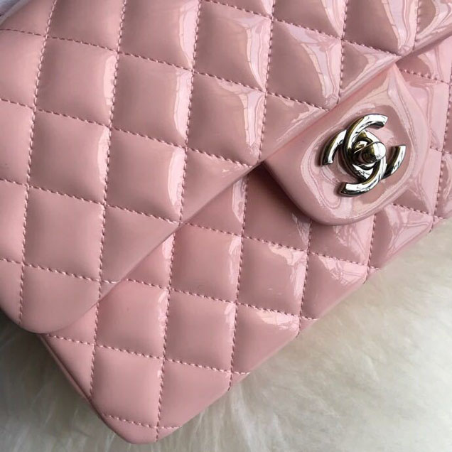 Chanel Classic Double Flap Bag 25cm Silver Hardware Patent Lambskin Leather Spring Summer Act 2 2018 Collection Pink