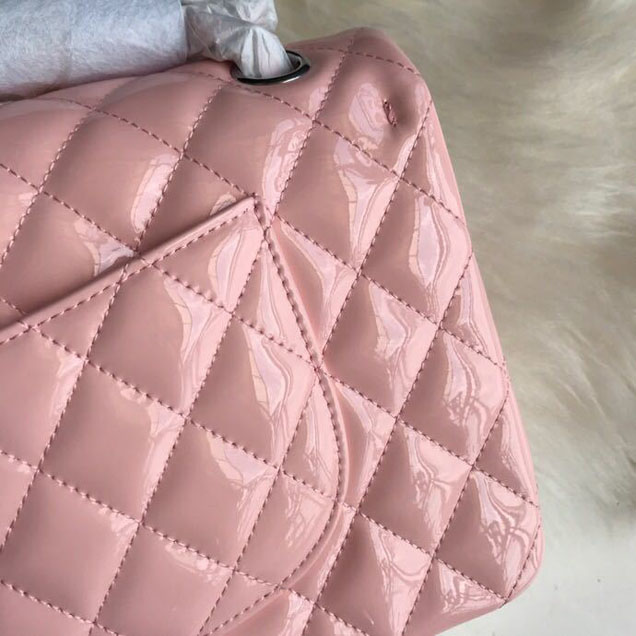 Chanel Classic Double Flap Bag 25cm Silver Hardware Patent Lambskin Leather Spring Summer Act 2 2018 Collection Pink
