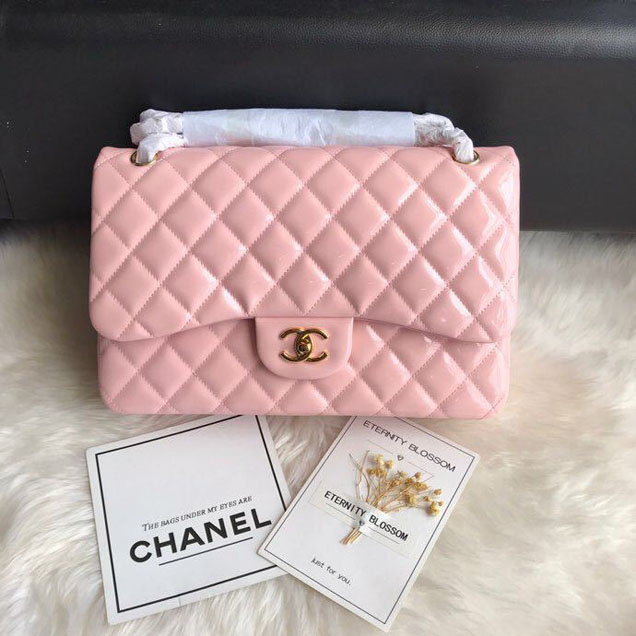 Chanel Classic Double Flap Bag 30cm Gold Hardware Patent Lambskin Leather Spring Summer Act 2 2018 Collection Pink