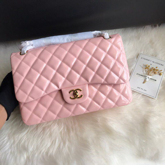 Chanel Classic Double Flap Bag 30cm Gold Hardware Patent Lambskin Leather Spring Summer Act 2 2018 Collection Pink