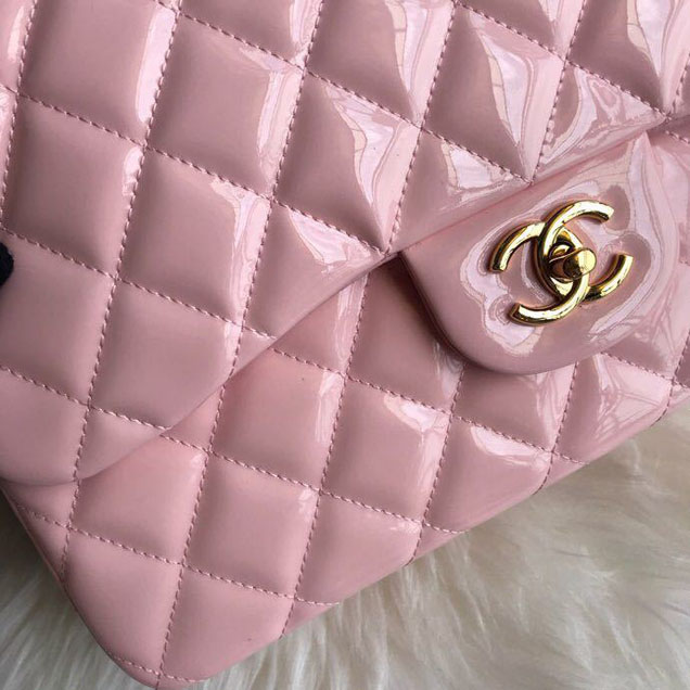 Chanel Classic Double Flap Bag 30cm Gold Hardware Patent Lambskin Leather Spring Summer Act 2 2018 Collection Pink