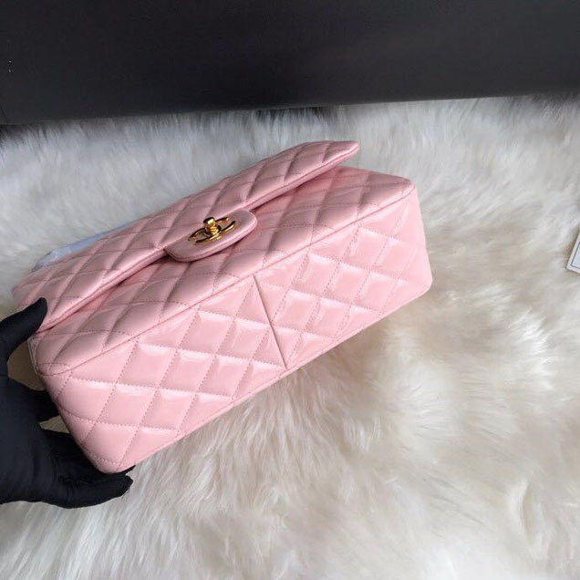 Chanel Classic Double Flap Bag 30cm Gold Hardware Patent Lambskin Leather Spring Summer Act 2 2018 Collection Pink