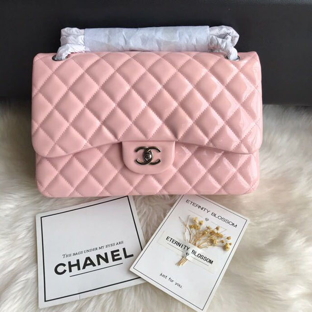 Chanel Classic Double Flap Bag 30cm Silver Hardware Patent Lambskin Leather Spring Summer Act 2 2018 Collection Pink