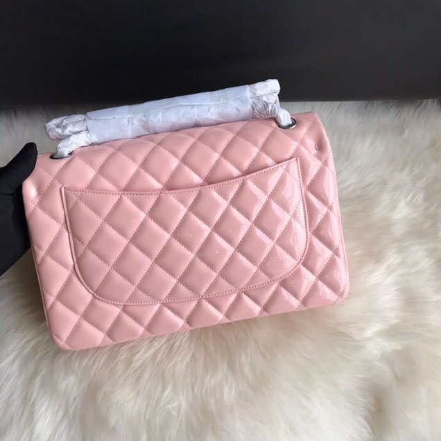 Chanel Classic Double Flap Bag 30cm Silver Hardware Patent Lambskin Leather Spring Summer Act 2 2018 Collection Pink