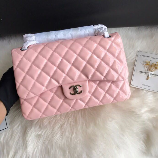 Chanel Classic Double Flap Bag 30cm Silver Hardware Patent Lambskin Leather Spring Summer Act 2 2018 Collection Pink