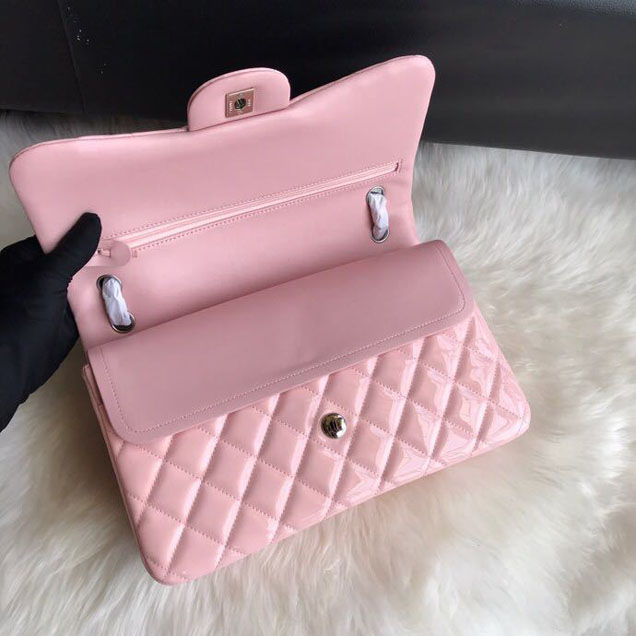 Chanel Classic Double Flap Bag 30cm Silver Hardware Patent Lambskin Leather Spring Summer Act 2 2018 Collection Pink