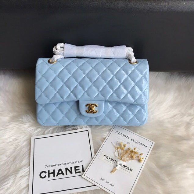 Chanel Classic Double Flap Bag 25cm Gold Hardware Patent Lambskin Leather Spring Summer Act 2 2018 Collection Sky Blue