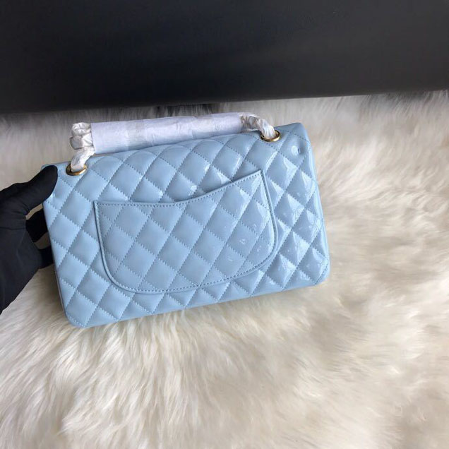 Chanel Classic Double Flap Bag 25cm Gold Hardware Patent Lambskin Leather Spring Summer Act 2 2018 Collection Sky Blue