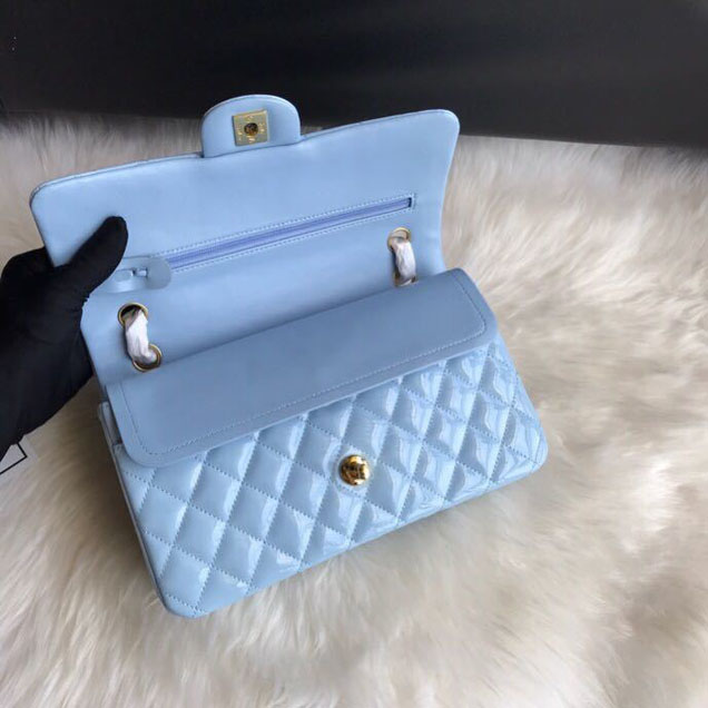 Chanel Classic Double Flap Bag 25cm Gold Hardware Patent Lambskin Leather Spring Summer Act 2 2018 Collection Sky Blue