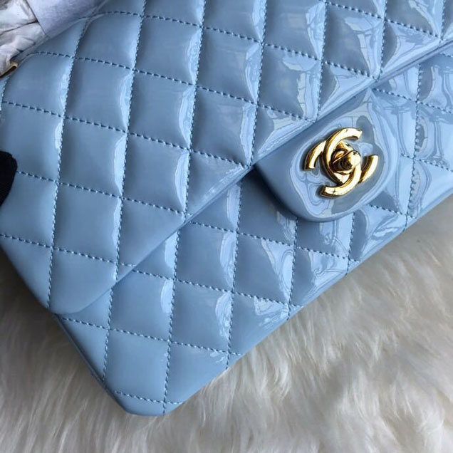 Chanel Classic Double Flap Bag 25cm Gold Hardware Patent Lambskin Leather Spring Summer Act 2 2018 Collection Sky Blue