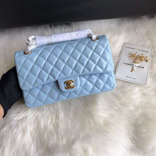 Chanel Classic Double Flap Bag 25cm Gold Hardware Patent Lambskin Leather Spring Summer Act 2 2018 Collection Sky Blue