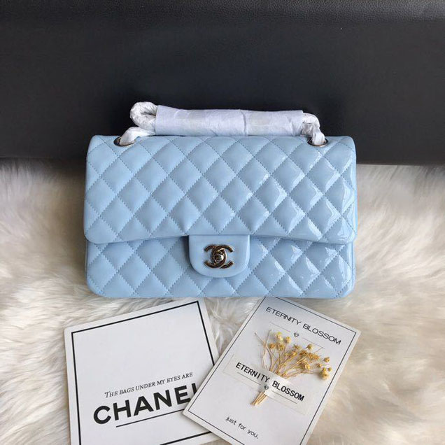 Chanel Classic Double Flap Bag 25cm Silver Hardware Patent Lambskin Leather Spring Summer Act 2 2018 Collection Sky Blue