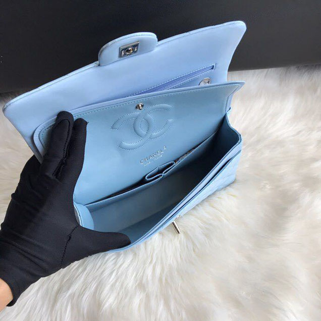 Chanel Classic Double Flap Bag 25cm Silver Hardware Patent Lambskin Leather Spring Summer Act 2 2018 Collection Sky Blue