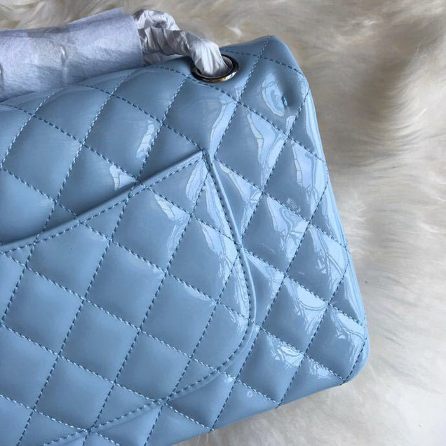 Chanel Classic Double Flap Bag 25cm Silver Hardware Patent Lambskin Leather Spring Summer Act 2 2018 Collection Sky Blue