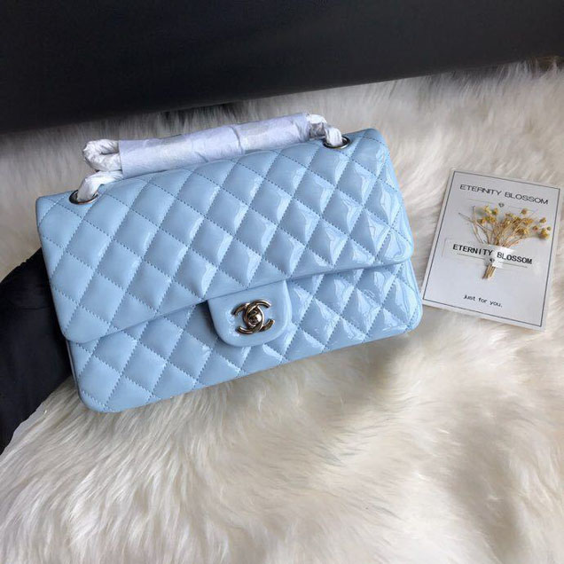 Chanel Classic Double Flap Bag 25cm Silver Hardware Patent Lambskin Leather Spring Summer Act 2 2018 Collection Sky Blue