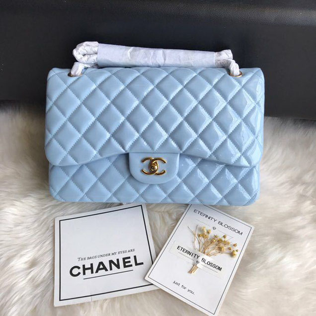 Chanel Classic Double Flap Bag 30cm Gold Hardware Patent Lambskin Leather Spring Summer Act 2 2018 Collection Sky Blue