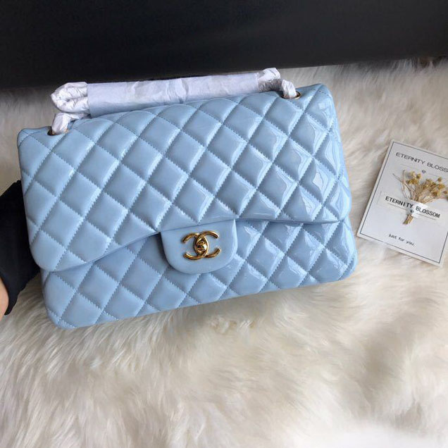 Chanel Classic Double Flap Bag 30cm Gold Hardware Patent Lambskin Leather Spring Summer Act 2 2018 Collection Sky Blue