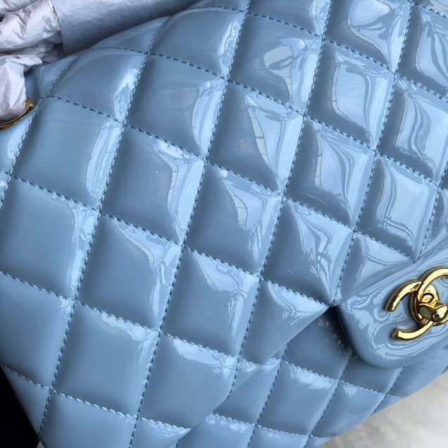 Chanel Classic Double Flap Bag 30cm Gold Hardware Patent Lambskin Leather Spring Summer Act 2 2018 Collection Sky Blue