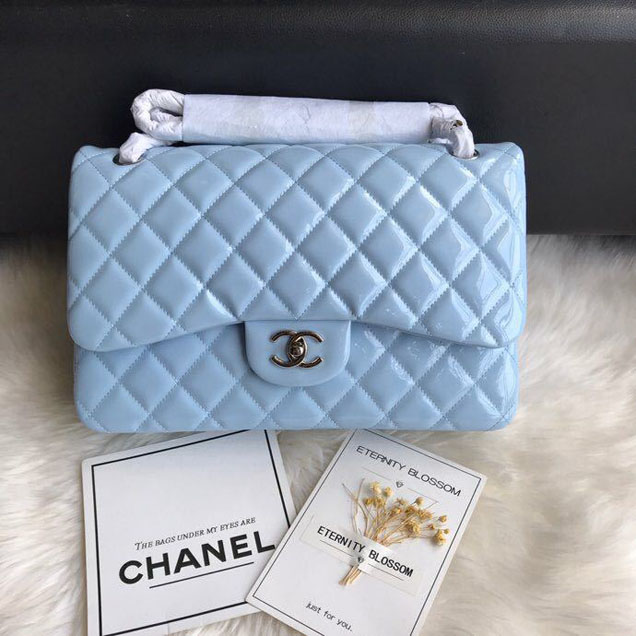 Chanel Classic Double Flap Bag 30cm Silver Hardware Patent Lambskin Leather Spring Summer Act 2 2018 Collection Sky Blue