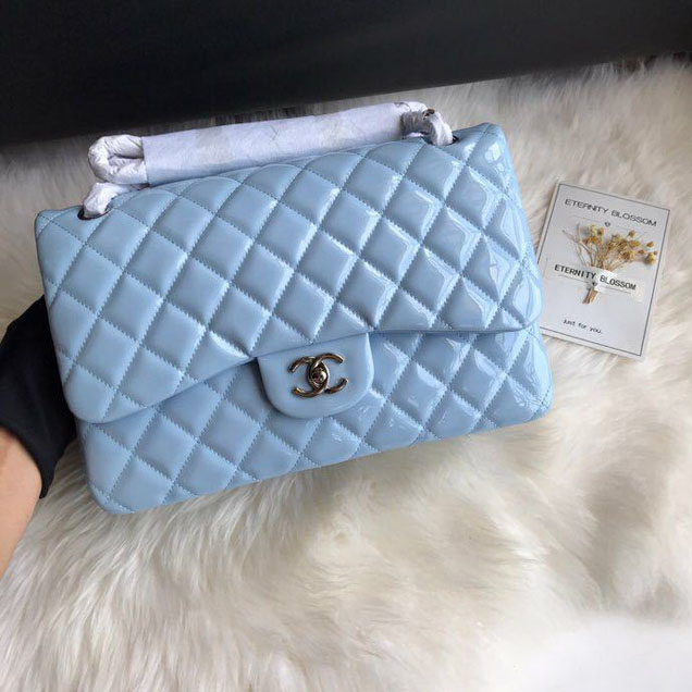 Chanel Classic Double Flap Bag 30cm Silver Hardware Patent Lambskin Leather Spring Summer Act 2 2018 Collection Sky Blue