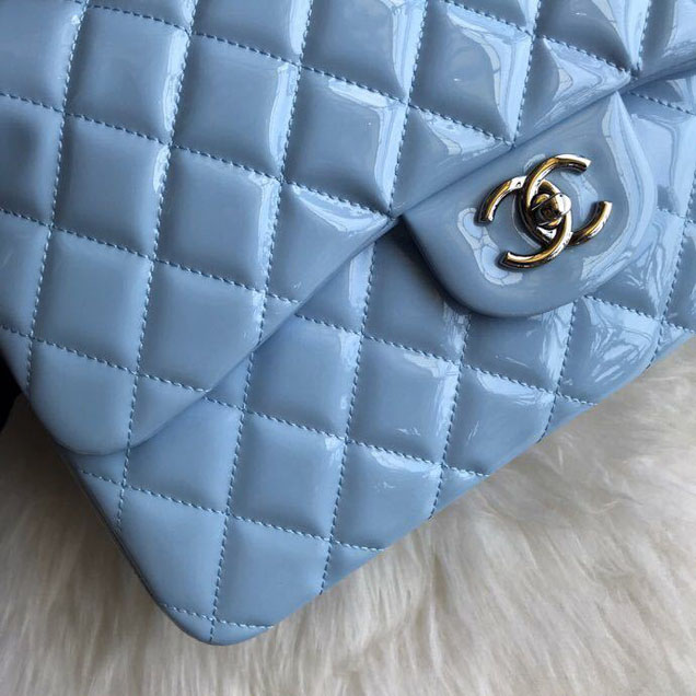 Chanel Classic Double Flap Bag 30cm Silver Hardware Patent Lambskin Leather Spring Summer Act 2 2018 Collection Sky Blue