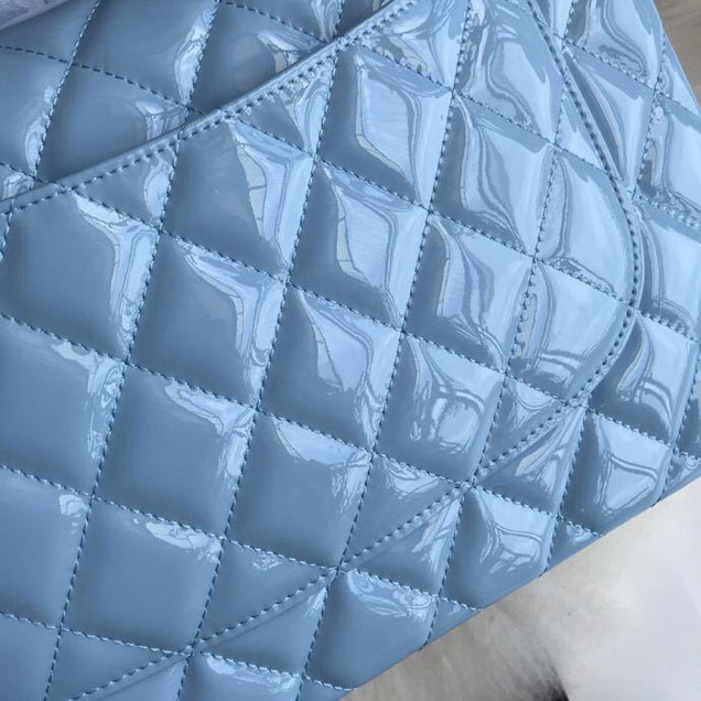 Chanel Classic Double Flap Bag 30cm Silver Hardware Patent Lambskin Leather Spring Summer Act 2 2018 Collection Sky Blue