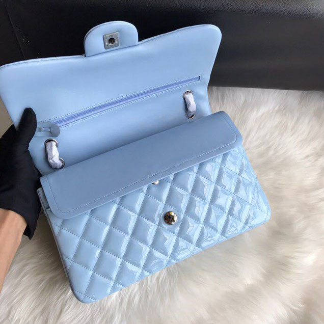 Chanel Classic Double Flap Bag 30cm Silver Hardware Patent Lambskin Leather Spring Summer Act 2 2018 Collection Sky Blue